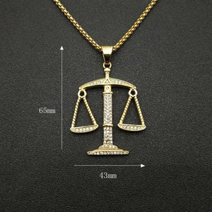 Gold plated Libra scale pendant necklace with micro pave zircons, 65mm height