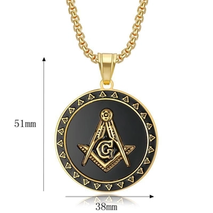 Detail view of gold Masonic AG pendant with dimensions showing 51mm height and 38mm width