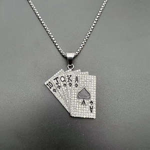Hip hop royal flush poker pendant necklace in silver stainless steel with white zircons