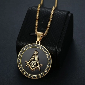 Gold plated titanium steel Freemason AG pendant necklace with black base and box chain