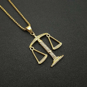 Hip Hop Gold Plated Titanium Steel Libra Scales Pendant Necklace For Men Women Iced Out Rhinestone Zodiac Jewelry Gift