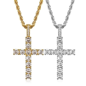 Hip Hop Copper Micro Paved Zirconia Cross Pendant Necklace Gold Silver Plated Rope Chain Tennis Chain Men Women Jewelry Gift