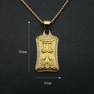 Gold plated stainless steel rectangle cross pendant necklace with rhinestones and floral relief