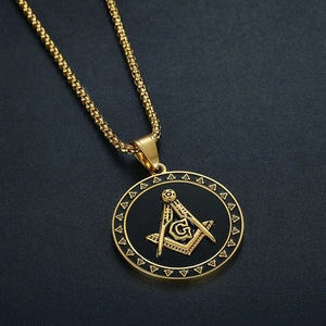 Gold plated stainless steel Freemason pendant necklace with black enamel for men