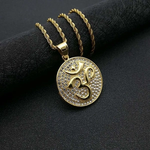 Hip Hop Stainless Steel Gold Plated Om Ohm Yoga Pendant Necklace For Men Women Iced Out Pave Rhinestone Religious Jewelry
