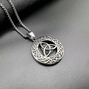 Polished Viking Celtic knot pendant necklace in stainless steel with intricate cutouts