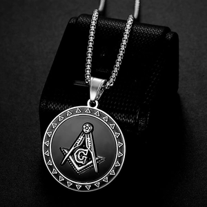 Silver and black Freemason pendant necklace in stainless steel with a beaded chain link