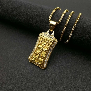 Gold stainless steel rectangle pendant with cross engraving and zircon inlay on chain