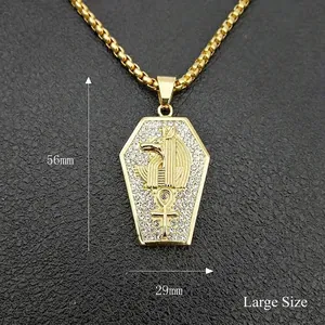 Ciondolo bara Anubis hip hop dorato con diamanti e simbolo Ankh su catena a sfere