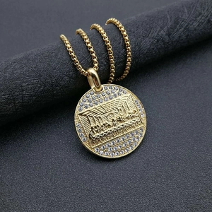 Hip Hop Titanium Steel The Last Supper Relief Pendant Necklace Gold Plated Rhinestone Round Religious Jewelry For Men Women