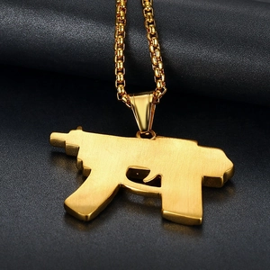 Hip hop gold plated stainless steel submachine gun pendant necklace on black leather