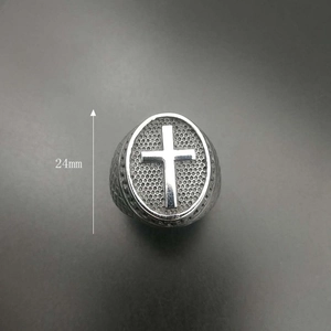 Vintage oxidized titanium steel cross ring for men with 24mm textured oval face