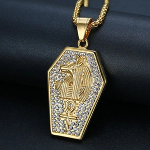 Collana Hip Hop in Acciaio Inossidabile Placcato Oro Con Strass Antico Egitto Testa di Lupo Anubis Ciondolo Ankh per Uomo Donna