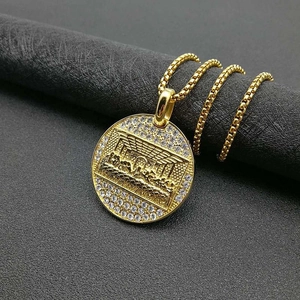Iced out gold plated 13 apostles pendant necklace with Last Supper relief and box chain
