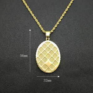 Pendentif ovale doré hip-hop en acier inoxydable avec texture quadrillée et chaîne torsadée
