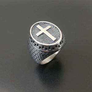 Vintage oxidized titanium steel cross ring with Greek meander pattern for men