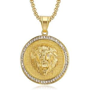 Collana con ciondolo testa di leone in acciaio inossidabile dorato e strass