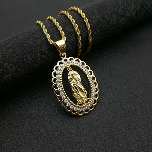 Hip Hop Virgin Mary Pendant Necklace For Men Women Gold Plated Stainless Steel Rhinestone Religious Oval Necklace Jewelry