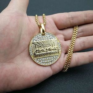 Gold plated hip hop necklace with 13 apostles pendant and sparkling crystals