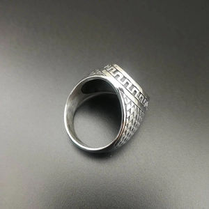 Vintage punk silver titanium steel men's ring with Greek meander and diamond patterns