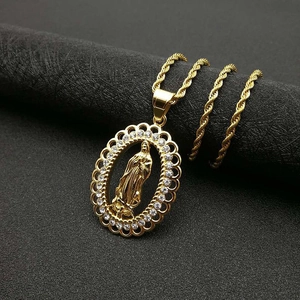 Gold plated hip hop rope chain with iced out Virgin Mary pendant and crystals
