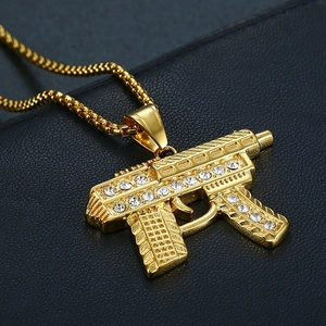 Hip hop style gold plated submachine gun pendant necklace with sparkling rhinestones