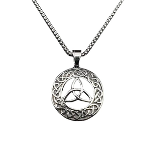 Polished stainless steel Celtic Knot necklace with Triquetra pendant on white background