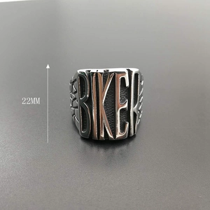 Polished stainless steel biker ring with embossed BIKER lettering and 22mm face width