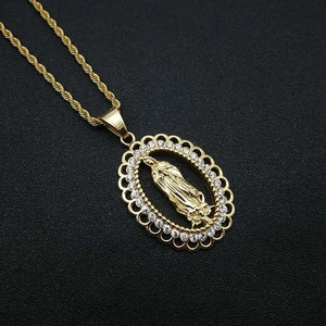 Gold plated stainless steel Virgin Mary pendant necklace with rhinestones and rope chain