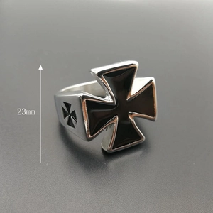 Polished titanium steel Iron Cross ring for men featuring black enamel finish and retro punk style