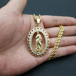 Gold-plated Virgin Mary pendant necklace with rhinestones on a twist rope chain