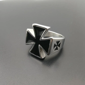 Punk vintage iron cross ring for men in polished titanium steel with black enamel