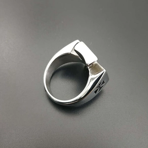 Men's punk vintage silver titanium steel ring featuring black iron cross engraving