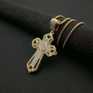 Hip hop 18K gold plated cross pendant necklace with iced out crystals on black stand