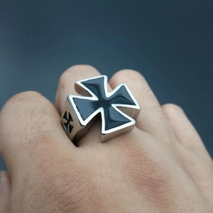 Polished titanium steel men's ring with black Iron Cross design on silver band