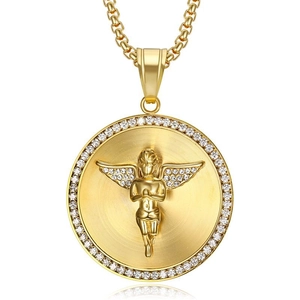 Collier Pendentif Ailes d'Ange en Acier Inoxydable Hip Hop Plaqué Or Pavé Zirconia Médaillon Rond Religieux Bijoux Hommes Femmes