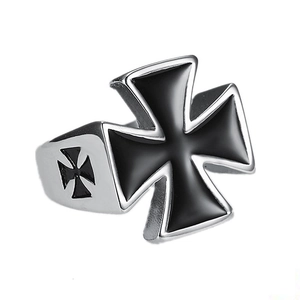 Punk Retro Iron Cross Men Ring Polished Titanium Steel Biker Gothic Band Ring Vintage Black Enamel Cross Jewelry For Men
