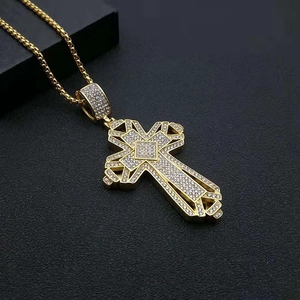 Hip hop style gold plated stainless steel cross pendant necklace with sparkling crystals