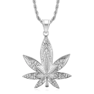 Silver hip hop maple leaf pendant necklace with glittering stones and rope chain