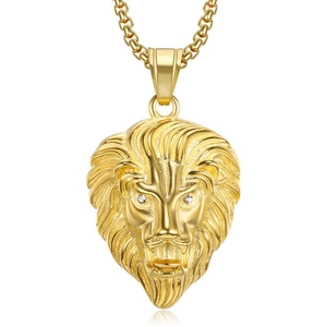 Hip Hop Lion Head Pendant Necklace Stainless Steel Gold Plated Rhinestone Animal Jewelry For Men Daily Accessories