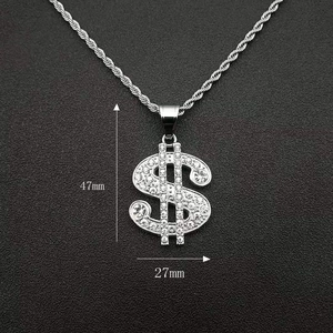 Detail view of iced out silver dollar sign pendant with 47mm height and 27mm width