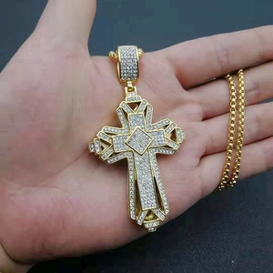 Hip-hop gold-plated iced-out cross pendant necklace with sparkling clear rhinestones
