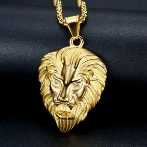 Hip hop gold plated stainless steel lion head pendant necklace with sparkling crystal eyes