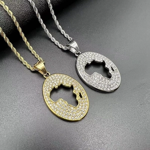 Hip Hop Titanium Staal Afrika Kaart Hanger Halsketting Voor Mannen Vrouwen Goud Zilver Vacuümplating Strass Ingelegde Sieraden