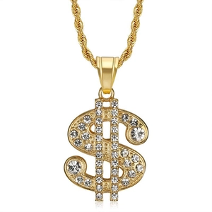 Hip hop gold plated stainless steel money sign necklace with iced out dollar pendant