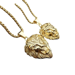 Hip hop gold plated stainless steel lion head pendant necklace set with crystal eyes
