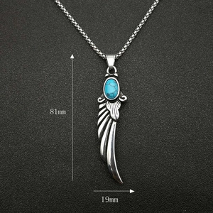 Retro stainless steel feather wing necklace with oval blue turquoise and 81mm pendant
