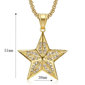 Detail view of gold-plated star pendant with dimensions 51mm by 38mm on box chain