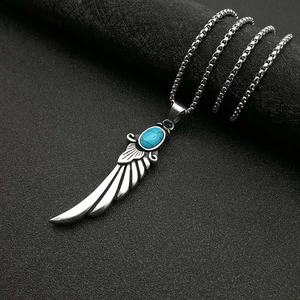 Punk Vintage Titanium Steel Feather Wing Pendant Necklace Synthetic Turquoise Inlaid Polished Gothic Jewelry For Men Women
