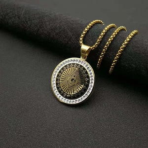 Gold-plated stainless steel Freemason AG pendant necklace with crystals on black leather